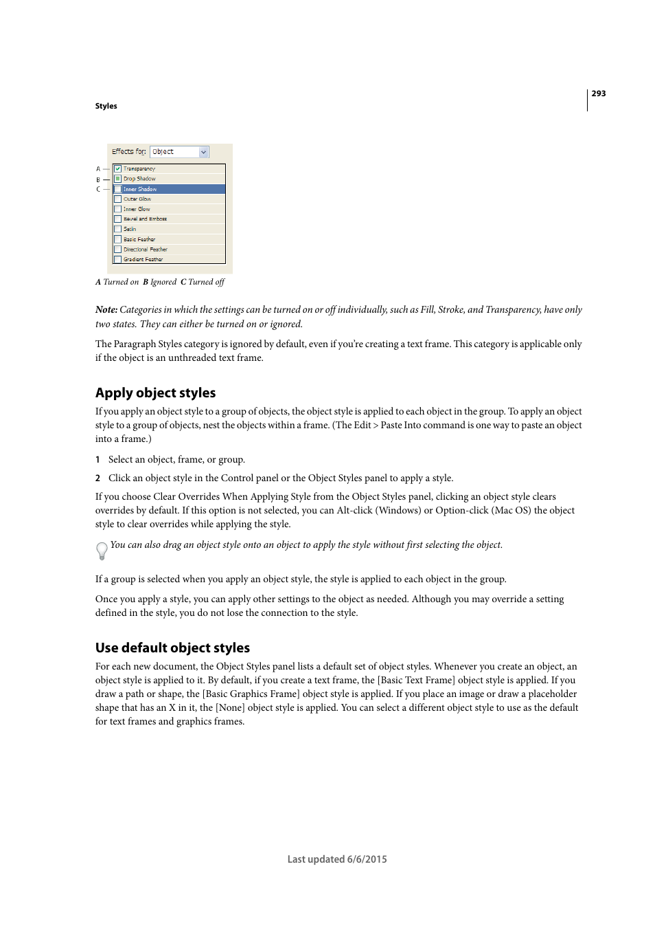 Apply object styles, Use default object styles | Adobe InDesign CC 2015 User Manual | Page 298 / 643