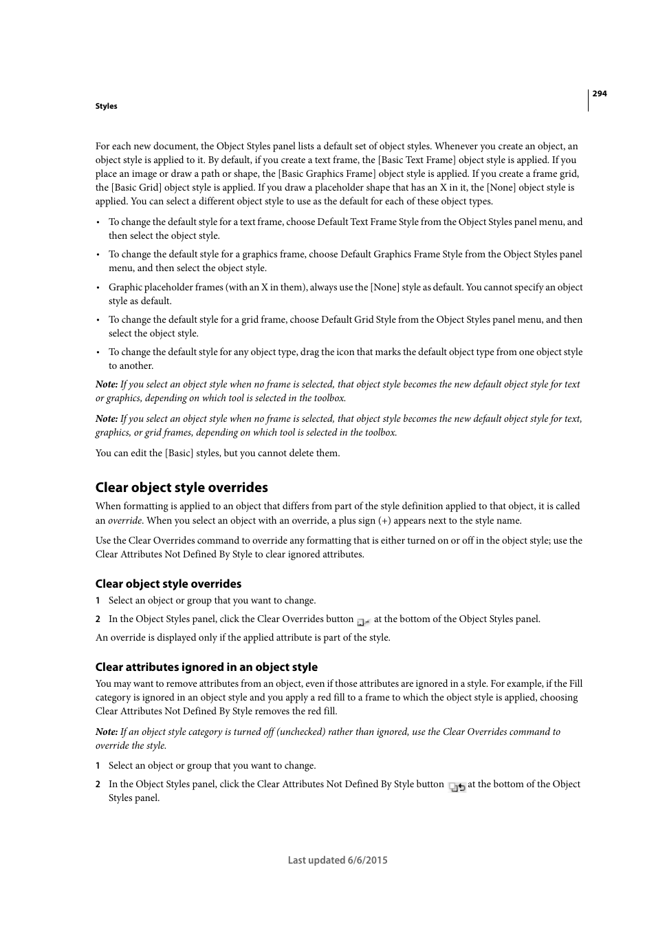 Clear object style overrides, Clear attributes ignored in an object style | Adobe InDesign CC 2015 User Manual | Page 299 / 643