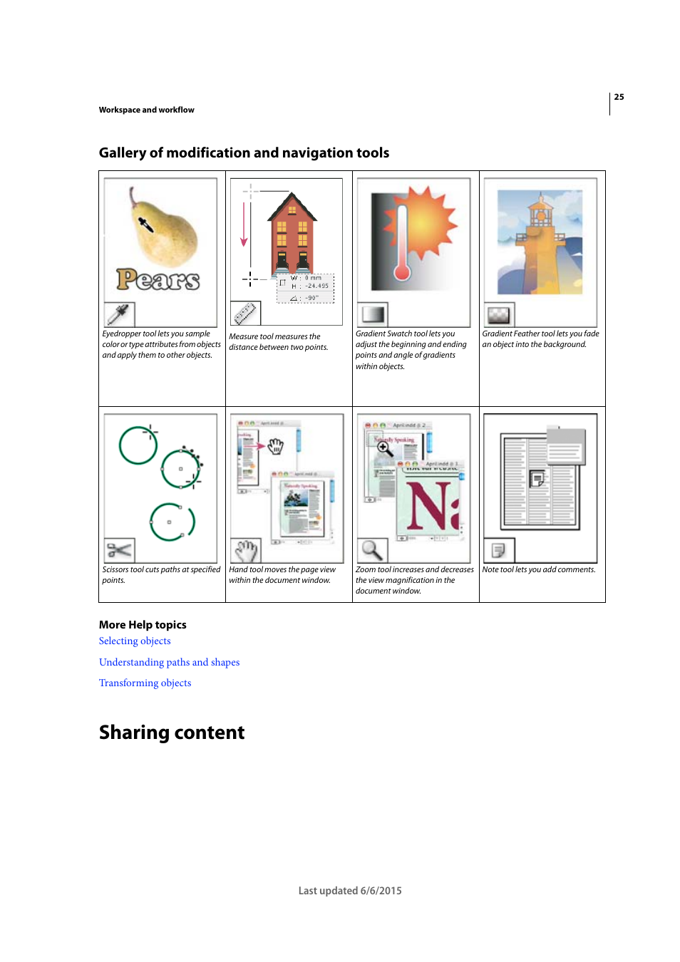 Gallery of modification and navigation tools, Sharing content | Adobe InDesign CC 2015 User Manual | Page 30 / 643