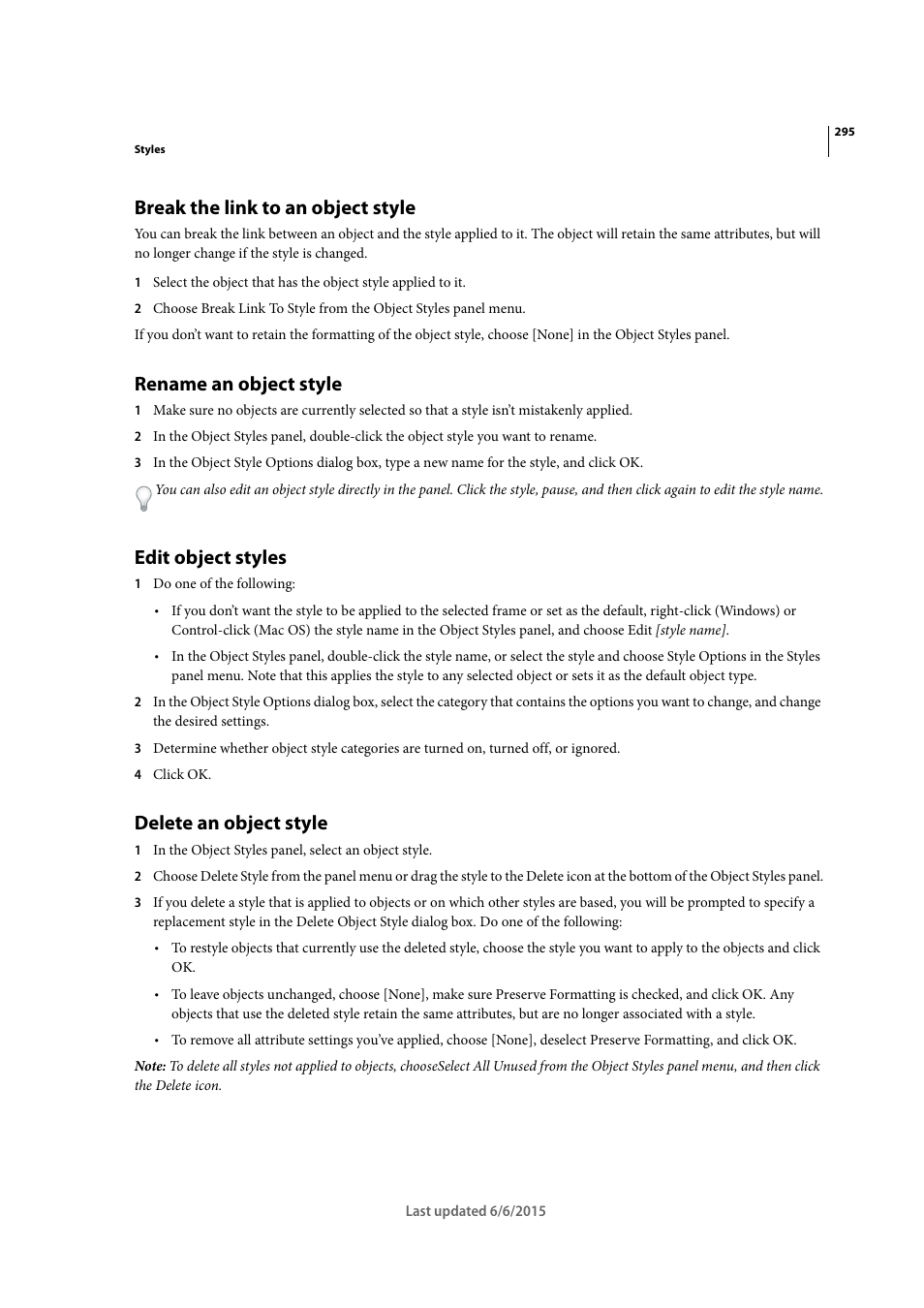 Break the link to an object style, Rename an object style, Edit object styles | Delete an object style | Adobe InDesign CC 2015 User Manual | Page 300 / 643