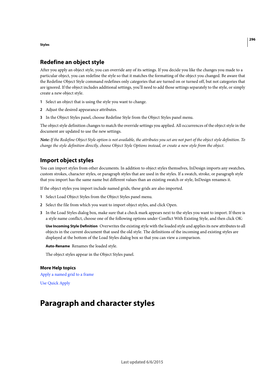 Redefine an object style, Import object styles, Paragraph and character styles | Adobe InDesign CC 2015 User Manual | Page 301 / 643