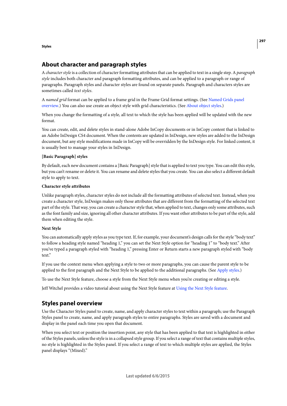 About character and paragraph styles, Styles panel overview | Adobe InDesign CC 2015 User Manual | Page 302 / 643