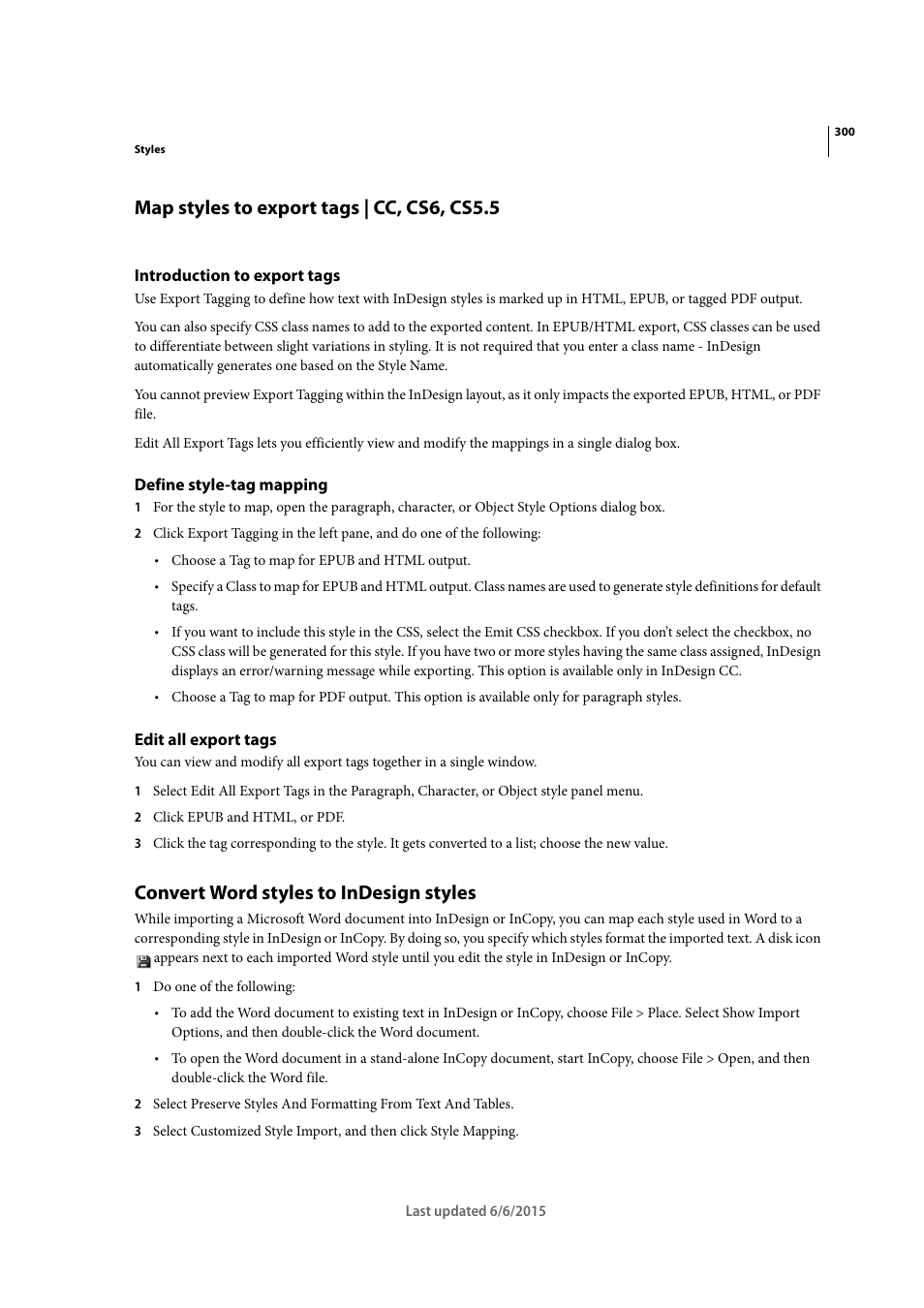 Map styles to export tags | cc, cs6, cs5.5, Introduction to export tags, Define style-tag mapping | Edit all export tags, Convert word styles to indesign styles | Adobe InDesign CC 2015 User Manual | Page 305 / 643