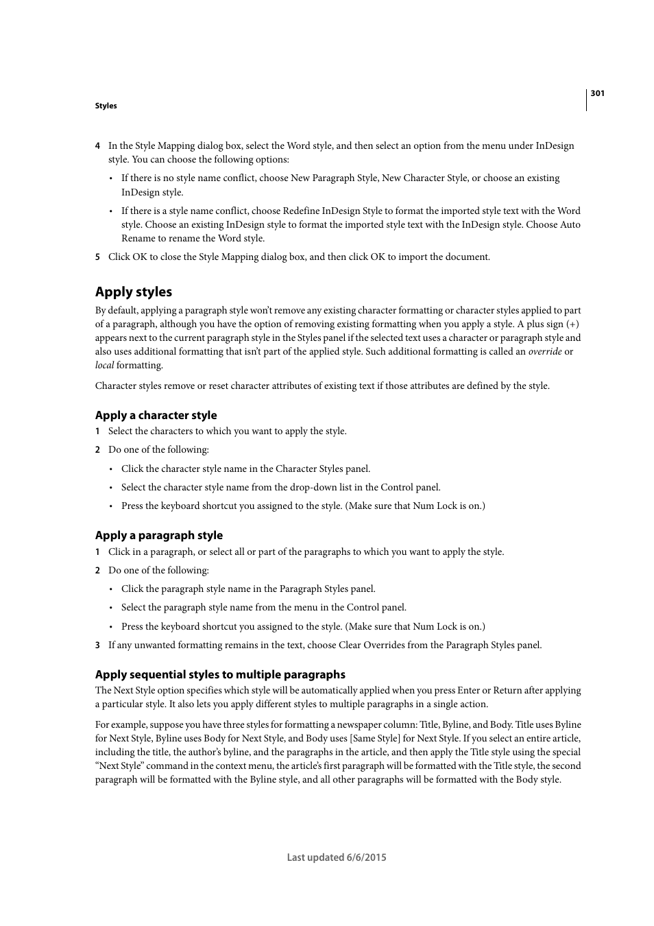 Apply styles, Apply a character style, Apply a paragraph style | Apply sequential styles to multiple paragraphs | Adobe InDesign CC 2015 User Manual | Page 306 / 643