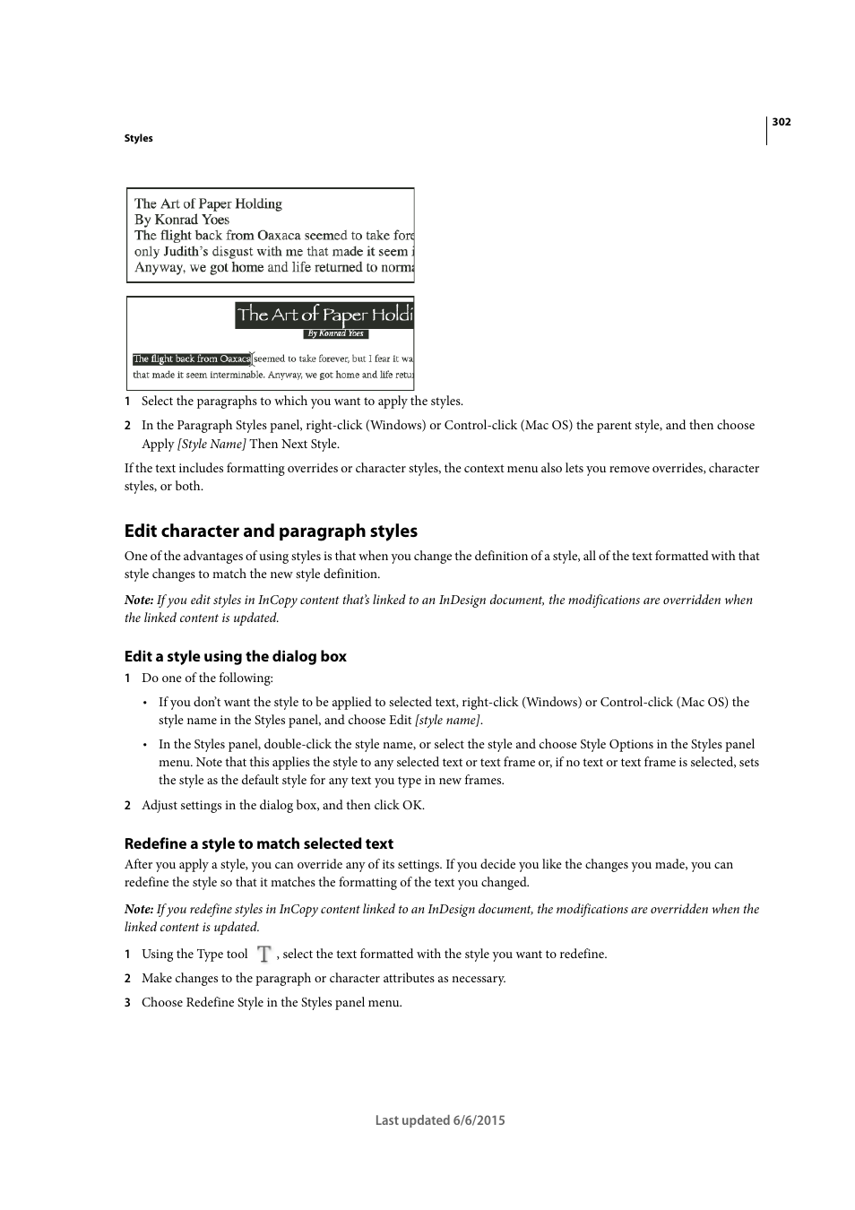 Edit character and paragraph styles, Edit a style using the dialog box, Redefine a style to match selected text | Adobe InDesign CC 2015 User Manual | Page 307 / 643