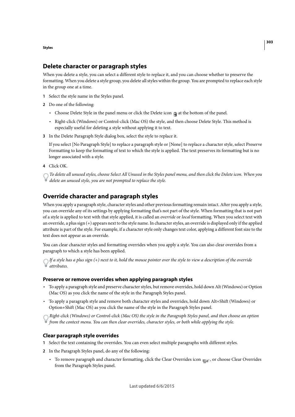 Delete character or paragraph styles, Override character and paragraph styles, Clear paragraph style overrides | Adobe InDesign CC 2015 User Manual | Page 308 / 643