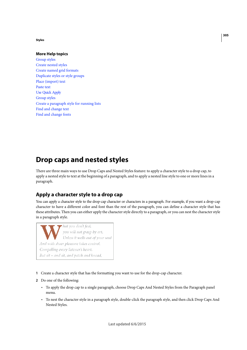 Drop caps and nested styles, Apply a character style to a drop cap | Adobe InDesign CC 2015 User Manual | Page 310 / 643