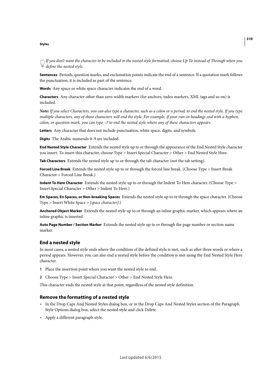 End a nested style, Remove the formatting of a nested style | Adobe InDesign CC 2015 User Manual | Page 315 / 643