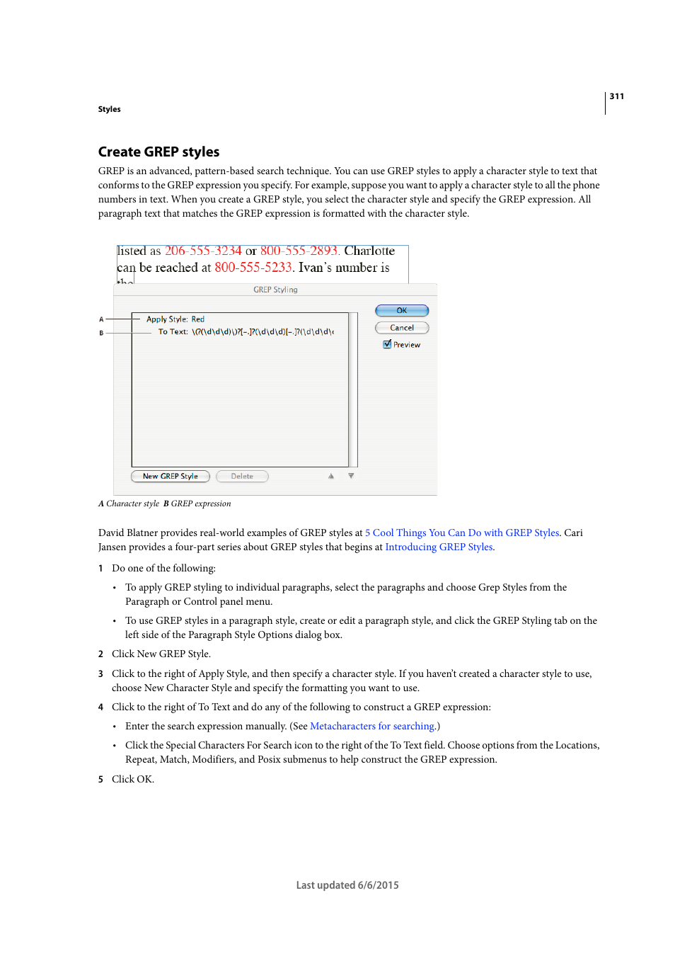 Create grep styles | Adobe InDesign CC 2015 User Manual | Page 316 / 643