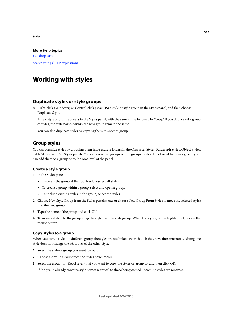 Working with styles, Duplicate styles or style groups, Group styles | Create a style group, Copy styles to a group | Adobe InDesign CC 2015 User Manual | Page 317 / 643