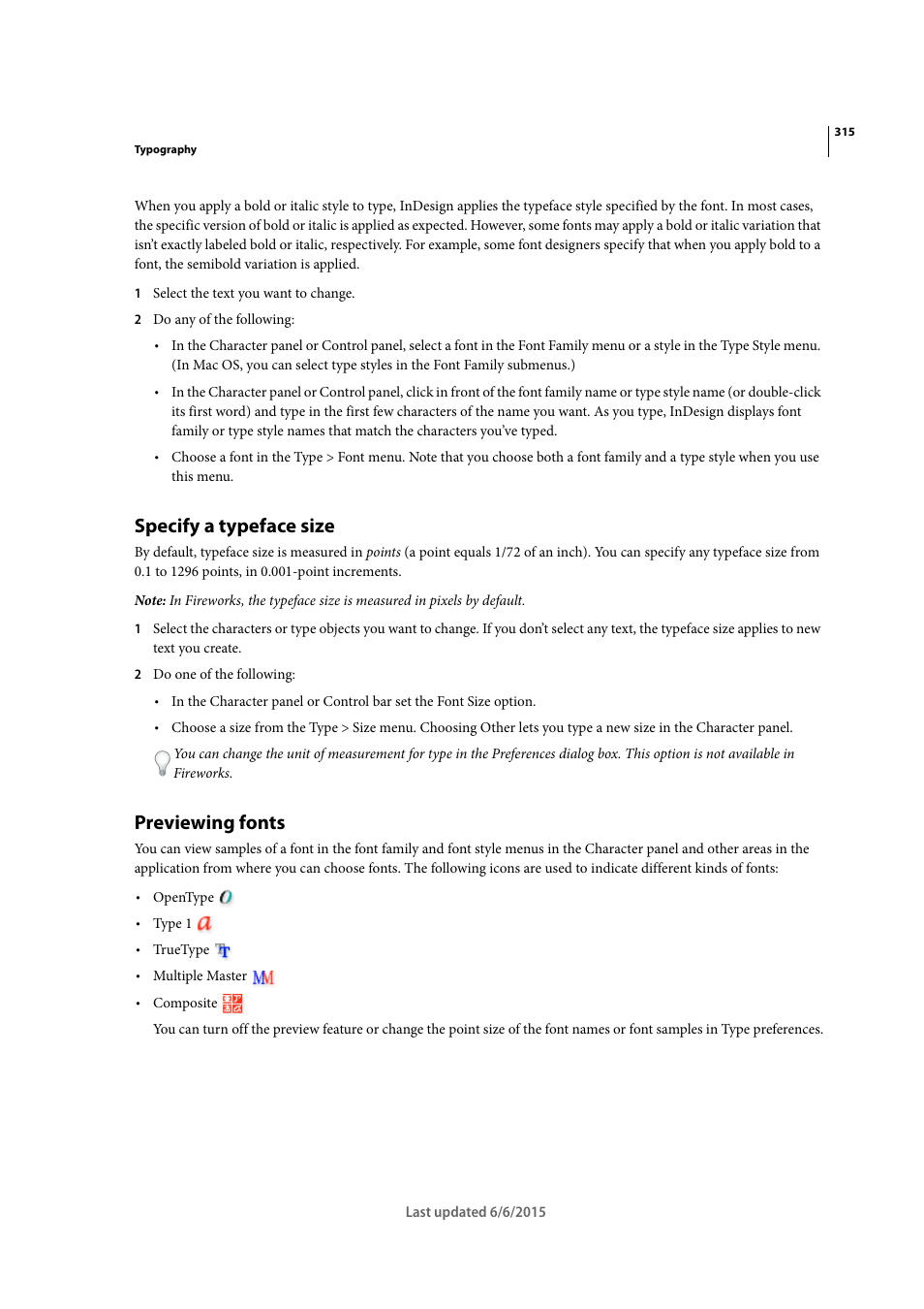 Specify a typeface size, Previewing fonts | Adobe InDesign CC 2015 User Manual | Page 320 / 643