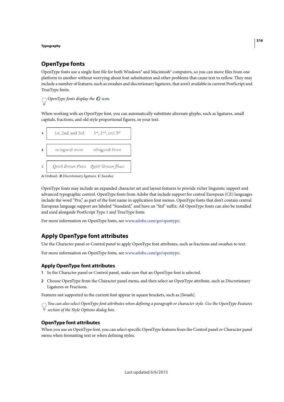 Opentype fonts, Apply opentype font attributes, Opentype font attributes | Adobe InDesign CC 2015 User Manual | Page 321 / 643