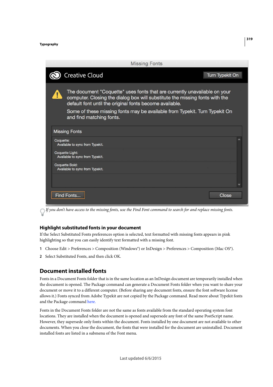 Highlight substituted fonts in your document, Document installed fonts | Adobe InDesign CC 2015 User Manual | Page 324 / 643