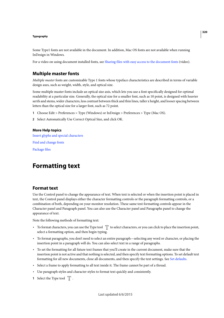 Multiple master fonts, Formatting text, Format text | Adobe InDesign CC 2015 User Manual | Page 325 / 643