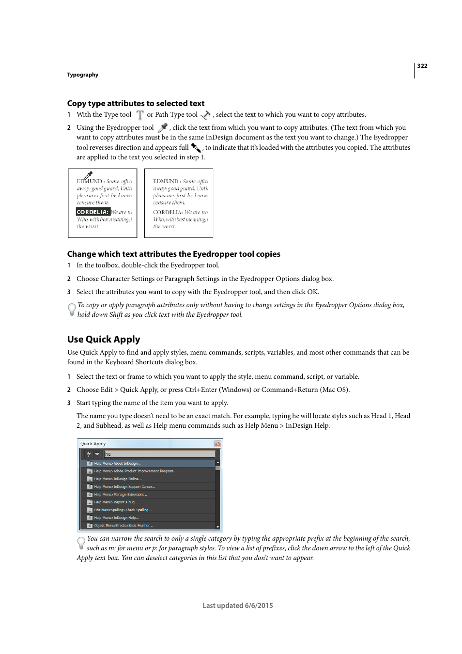 Copy type attributes to selected text, Use quick apply, Find and change f | Adobe InDesign CC 2015 User Manual | Page 327 / 643