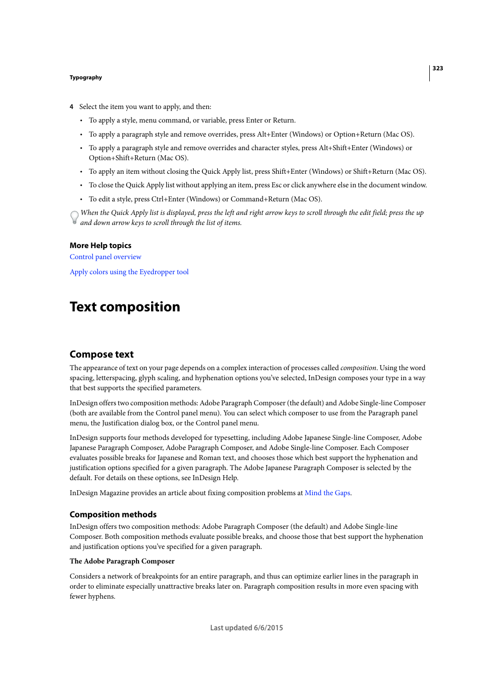 Text composition, Compose text, Composition methods | Adobe InDesign CC 2015 User Manual | Page 328 / 643