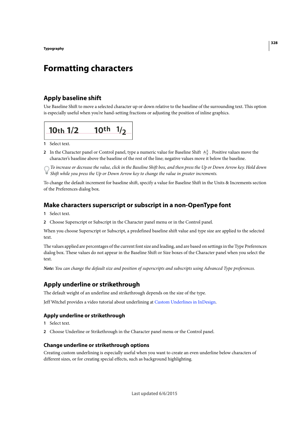 Formatting characters, Apply baseline shift, Apply underline or strikethrough | Change underline or strikethrough options | Adobe InDesign CC 2015 User Manual | Page 333 / 643