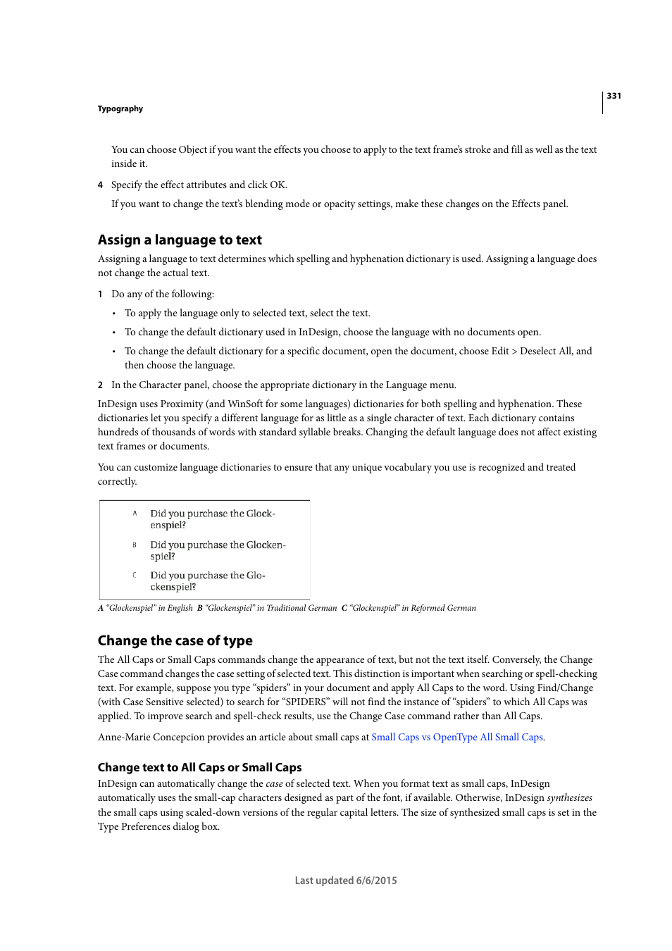 Assign a language to text, Change the case of type, Change text to all caps or small caps | Adobe InDesign CC 2015 User Manual | Page 336 / 643