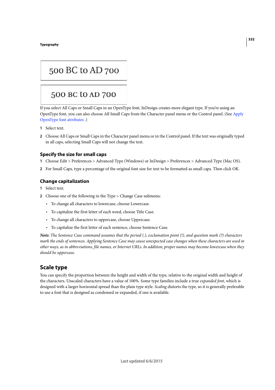 Specify the size for small caps, Change capitalization, Scale type | Adobe InDesign CC 2015 User Manual | Page 337 / 643