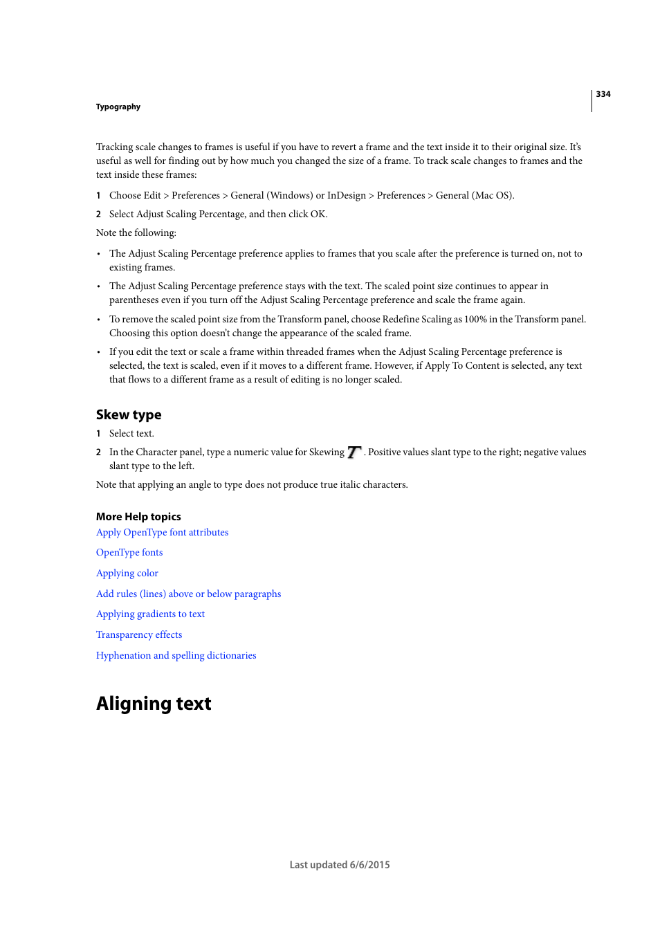 Skew type, Aligning text | Adobe InDesign CC 2015 User Manual | Page 339 / 643