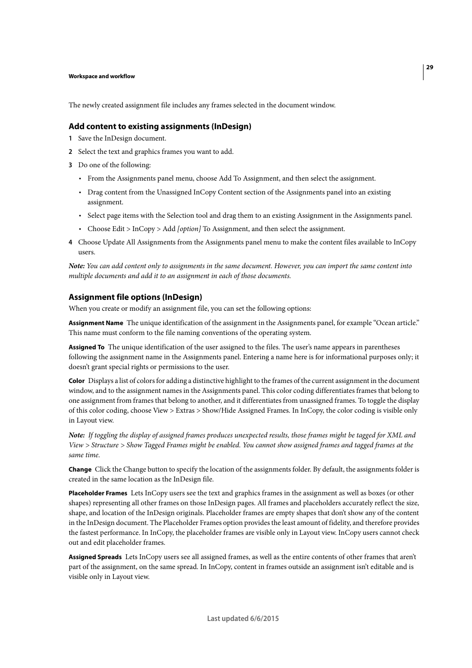 Add content to existing assignments (indesign), Assignment file options (indesign) | Adobe InDesign CC 2015 User Manual | Page 34 / 643