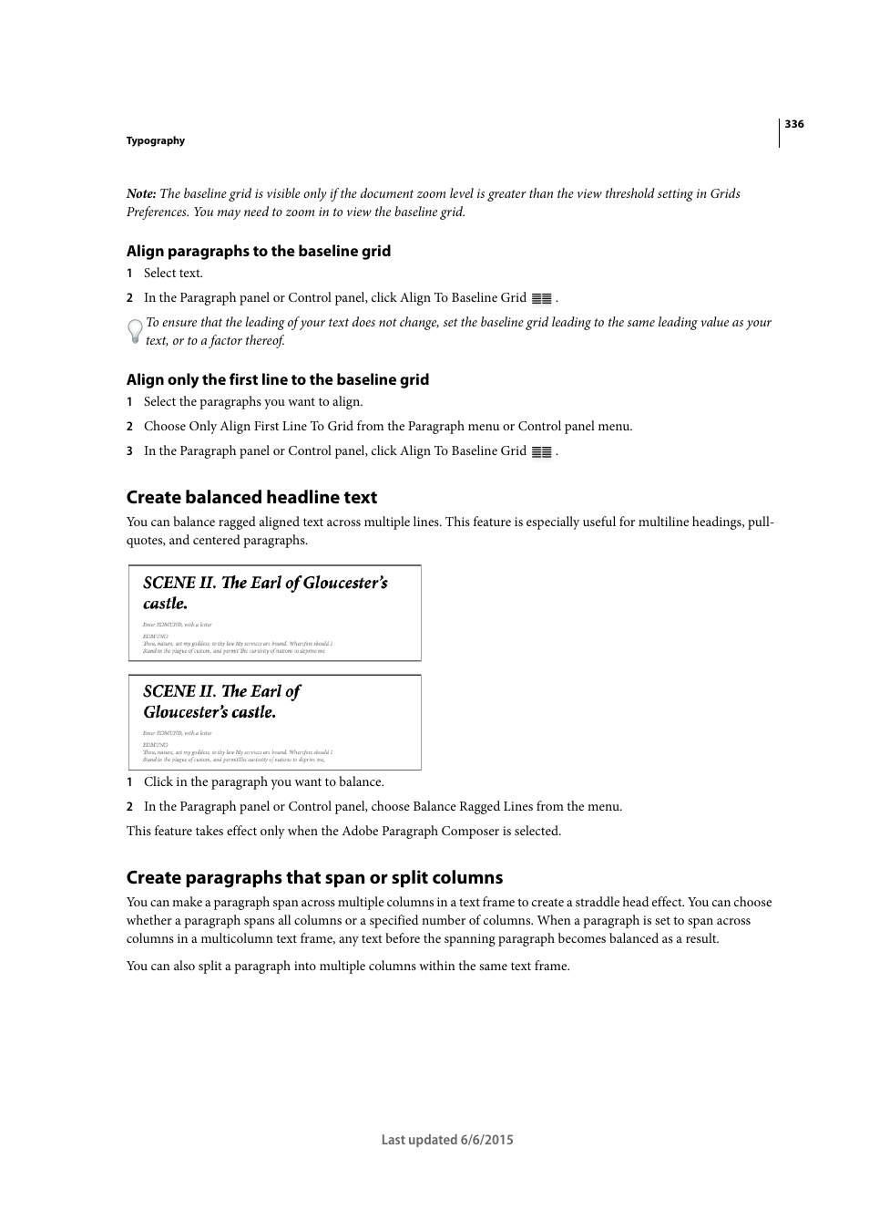 Align paragraphs to the baseline grid, Align only the first line to the baseline grid, Create balanced headline text | Create paragraphs that span or split columns | Adobe InDesign CC 2015 User Manual | Page 341 / 643