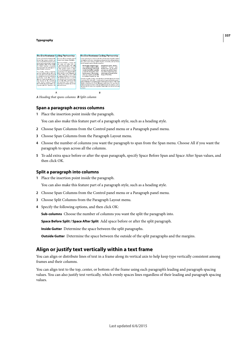 Span a paragraph across columns, Split a paragraph into columns | Adobe InDesign CC 2015 User Manual | Page 342 / 643