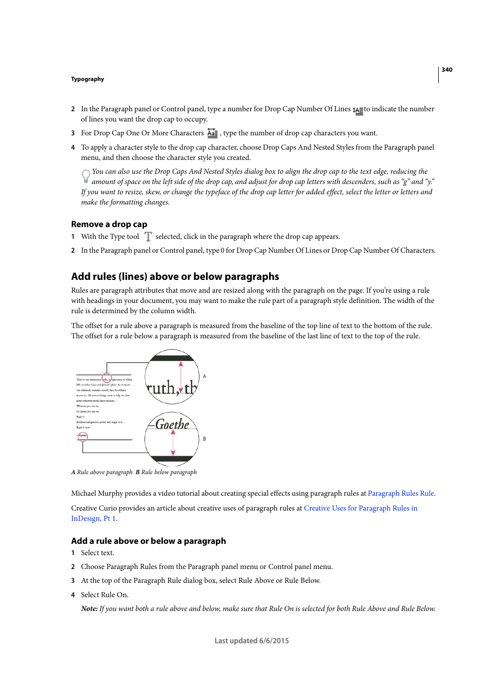 Remove a drop cap, Add rules (lines) above or below paragraphs, Add a rule above or below a paragraph | Adobe InDesign CC 2015 User Manual | Page 345 / 643