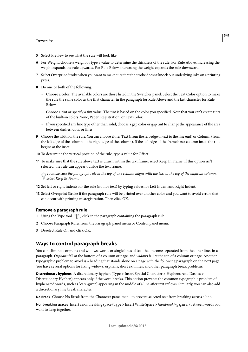 Remove a paragraph rule, Ways to control paragraph breaks | Adobe InDesign CC 2015 User Manual | Page 346 / 643