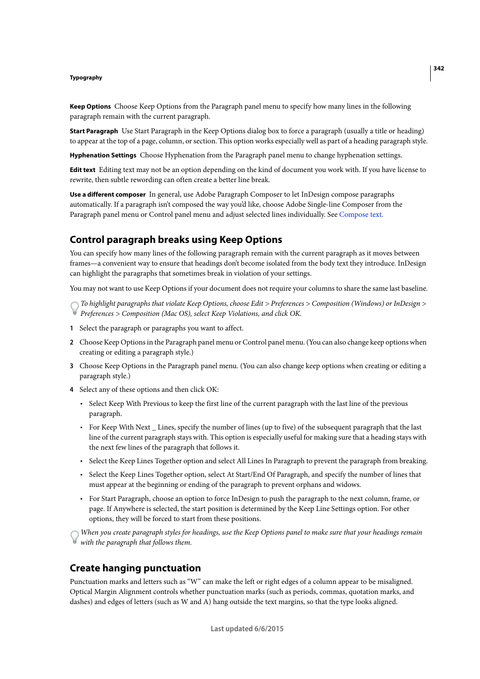 Control paragraph breaks using keep options, Create hanging punctuation | Adobe InDesign CC 2015 User Manual | Page 347 / 643