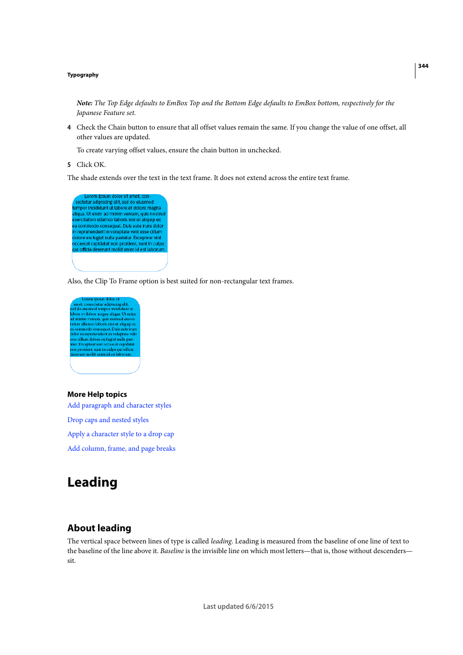 Leading, About leading | Adobe InDesign CC 2015 User Manual | Page 349 / 643