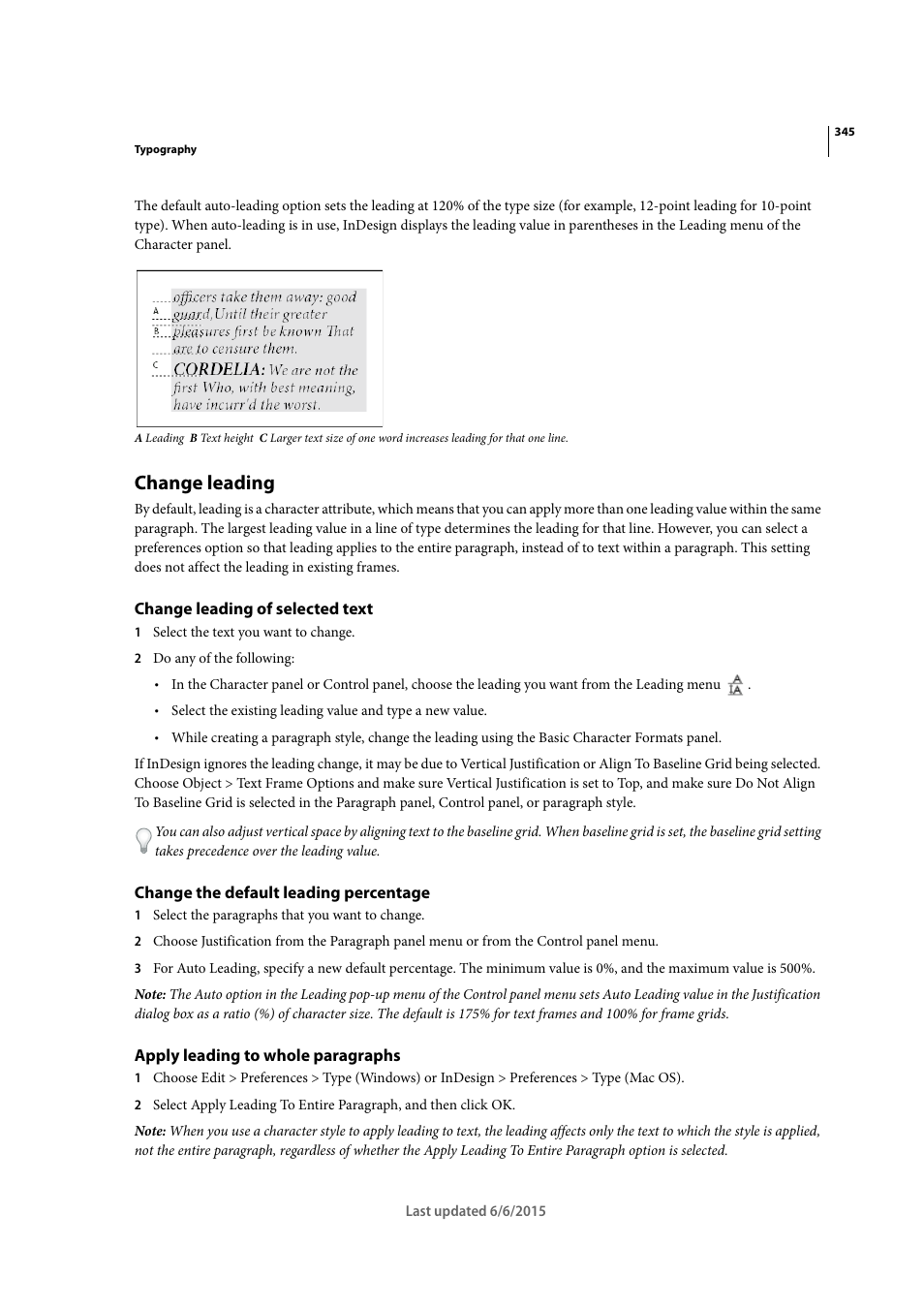 Change leading, Change leading of selected text, Change the default leading percentage | Apply leading to whole paragraphs | Adobe InDesign CC 2015 User Manual | Page 350 / 643