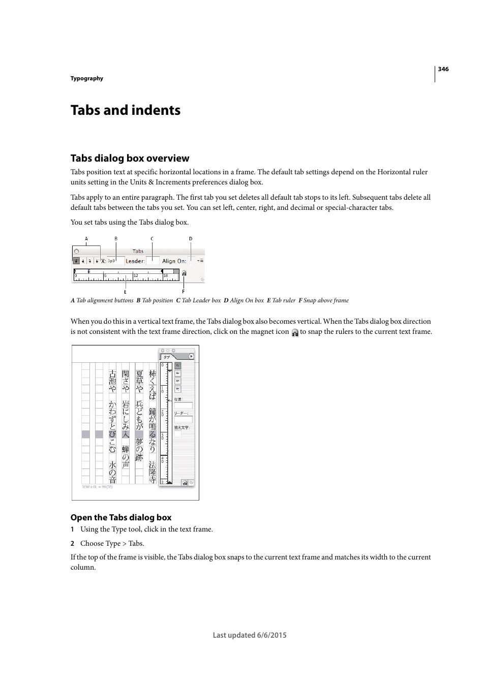 Tabs and indents, Tabs dialog box overview, Open the tabs dialog box | Adobe InDesign CC 2015 User Manual | Page 351 / 643