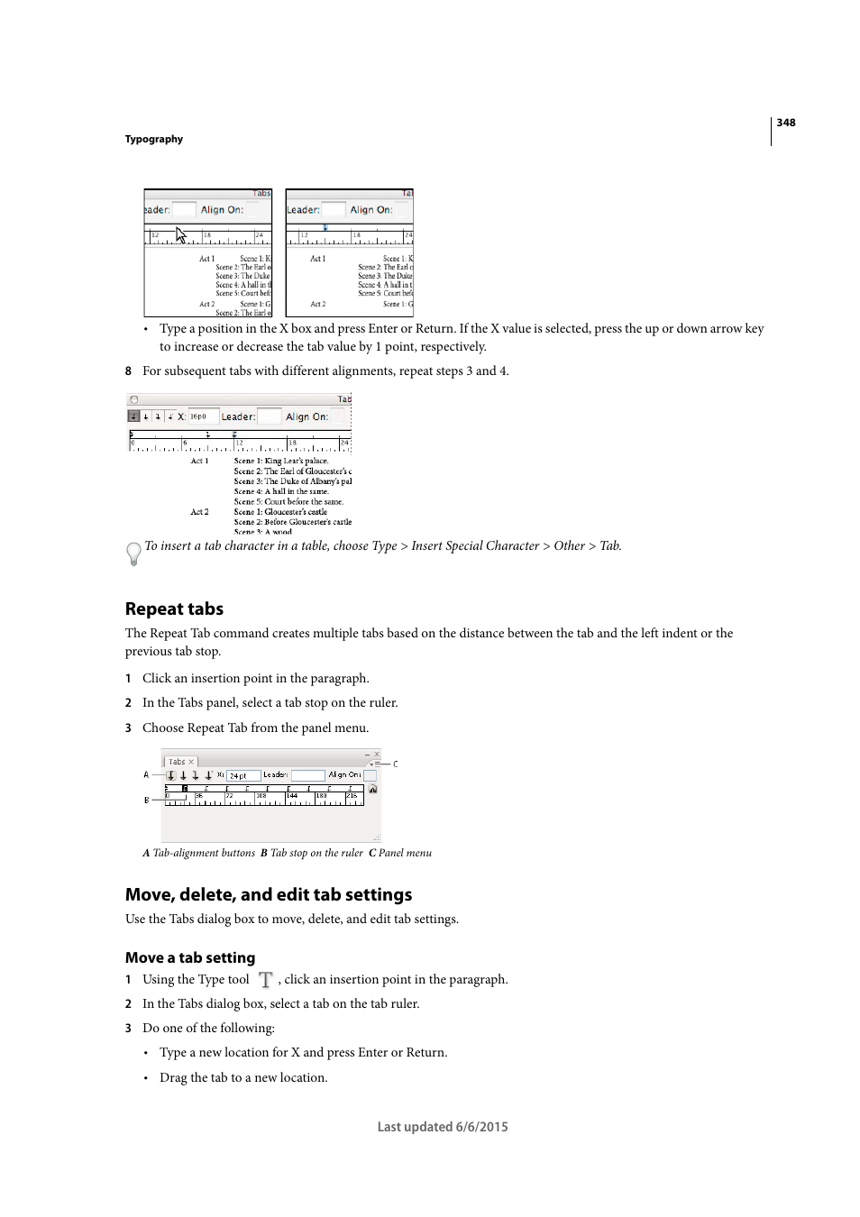 Repeat tabs, Move, delete, and edit tab settings, Move a tab setting | Adobe InDesign CC 2015 User Manual | Page 353 / 643