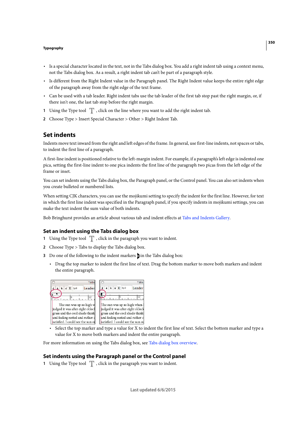 Set indents, Set an indent using the tabs dialog box | Adobe InDesign CC 2015 User Manual | Page 355 / 643