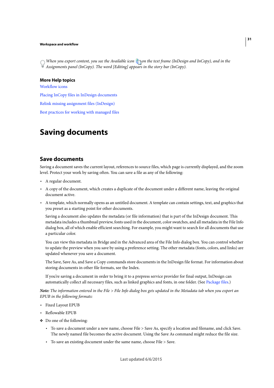 Saving documents, Save documents | Adobe InDesign CC 2015 User Manual | Page 36 / 643
