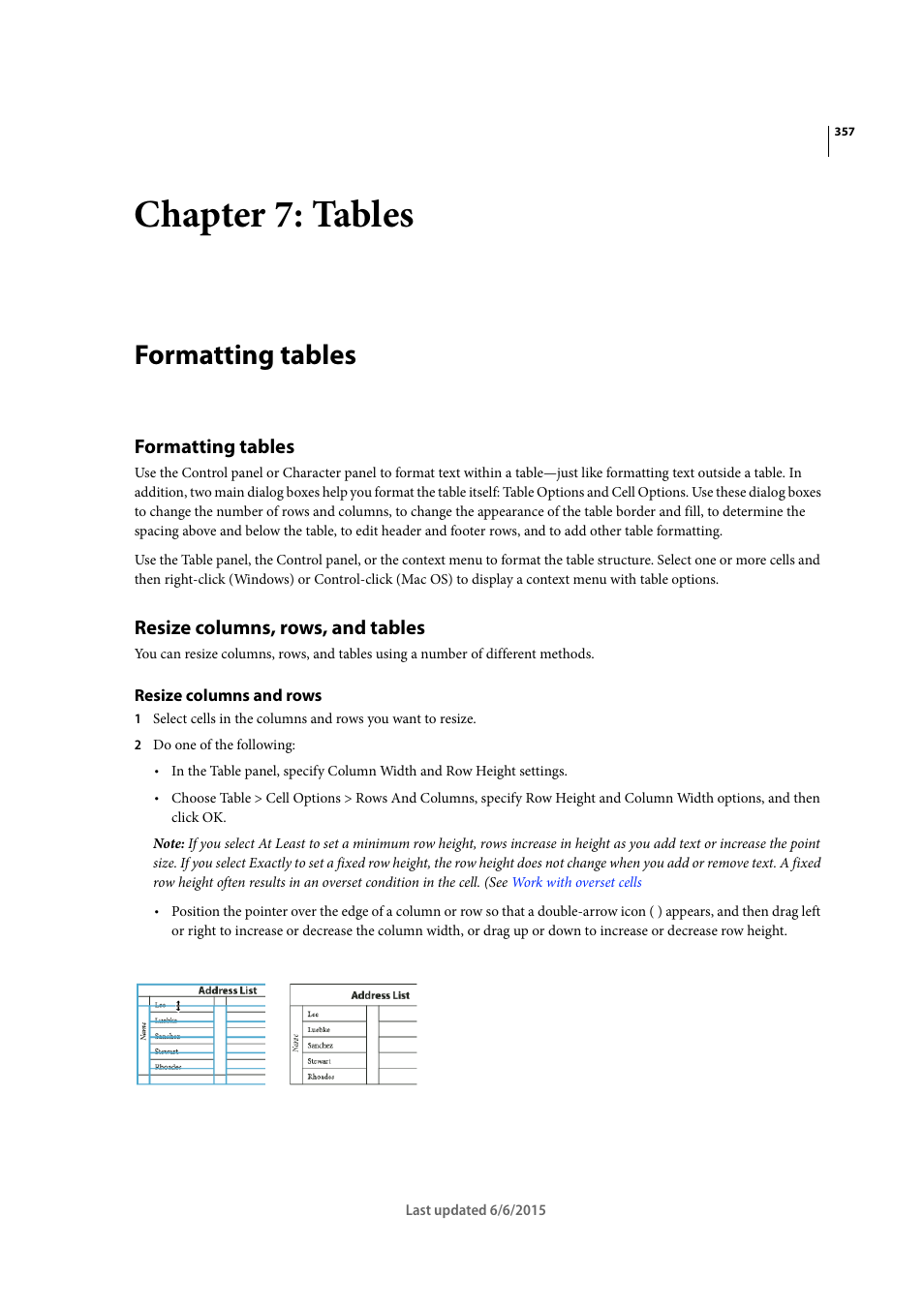 Chapter 7: tables, Formatting tables, Resize columns, rows, and tables | Resize columns and rows | Adobe InDesign CC 2015 User Manual | Page 362 / 643