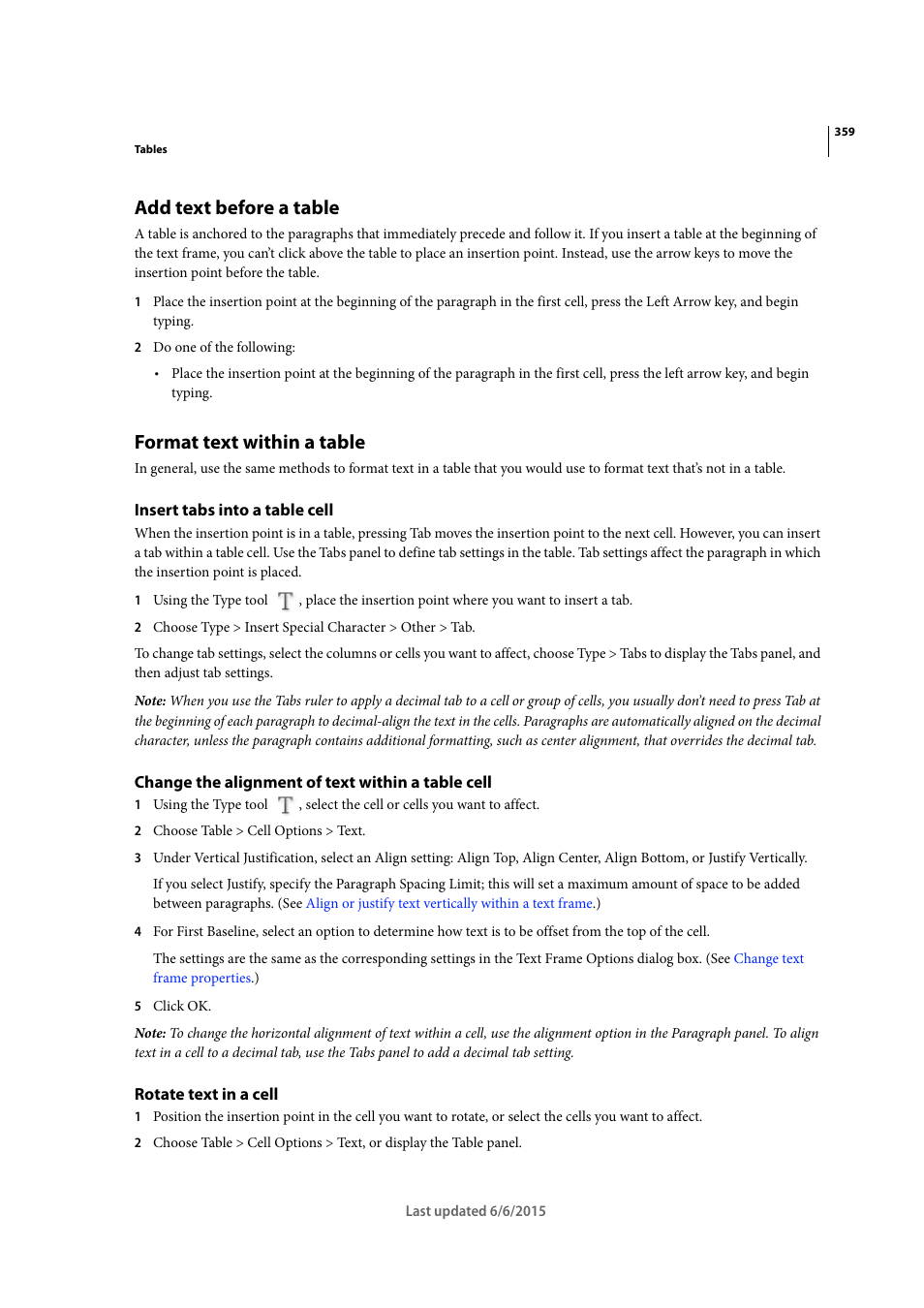 Add text before a table, Format text within a table, Insert tabs into a table cell | Change the alignment of text within a table cell, Rotate text in a cell | Adobe InDesign CC 2015 User Manual | Page 364 / 643