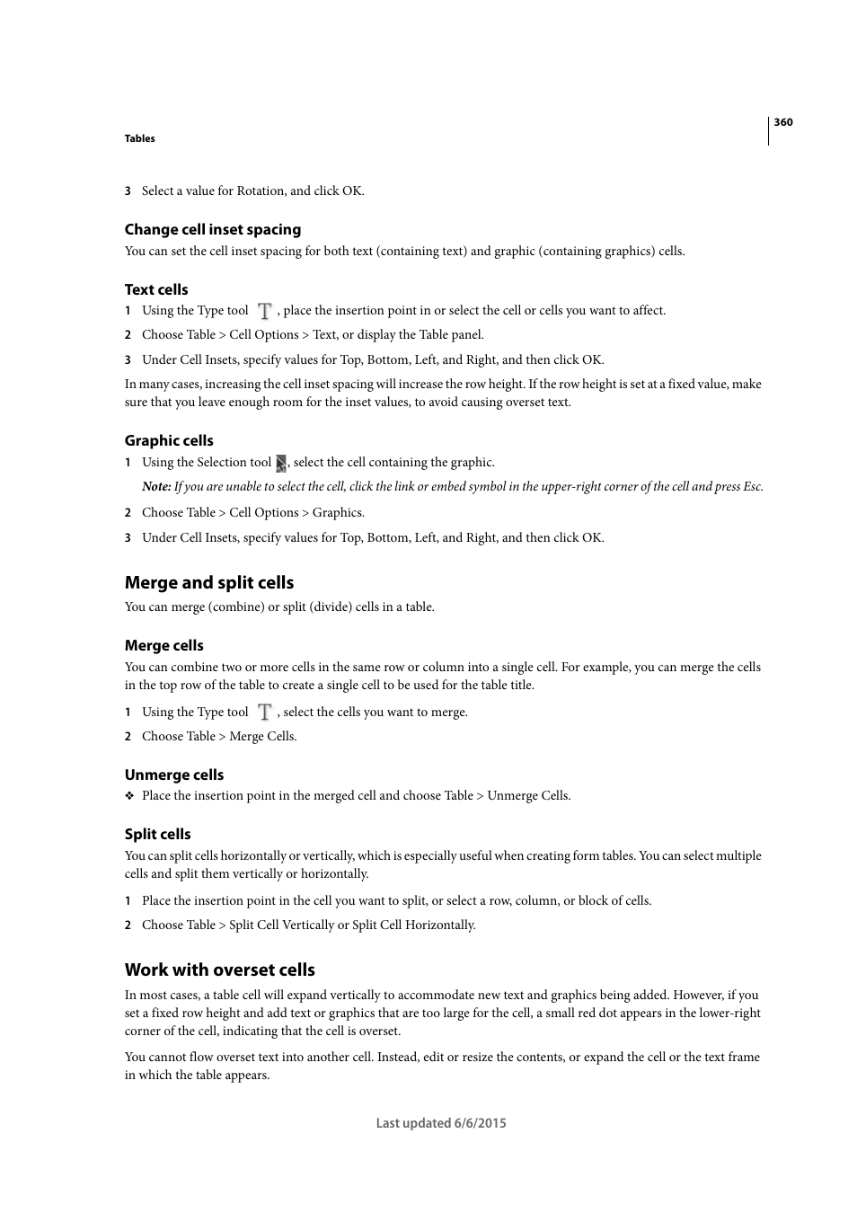 Change cell inset spacing, Text cells, Graphic cells | Merge and split cells, Merge cells, Unmerge cells, Split cells, Work with overset cells | Adobe InDesign CC 2015 User Manual | Page 365 / 643