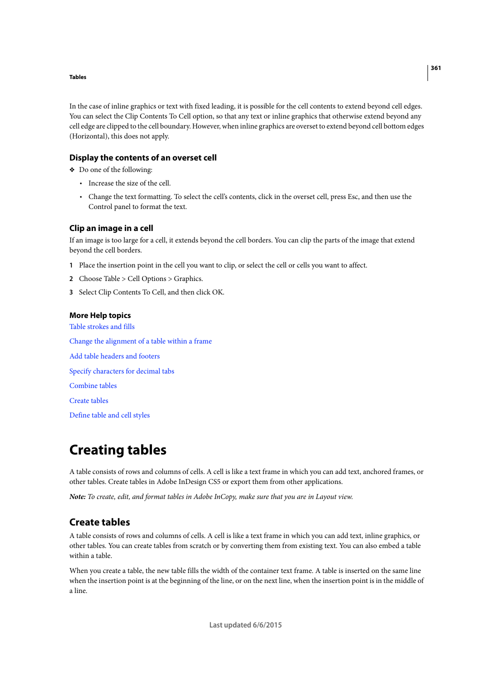 Display the contents of an overset cell, Clip an image in a cell, Creating tables | Create tables | Adobe InDesign CC 2015 User Manual | Page 366 / 643