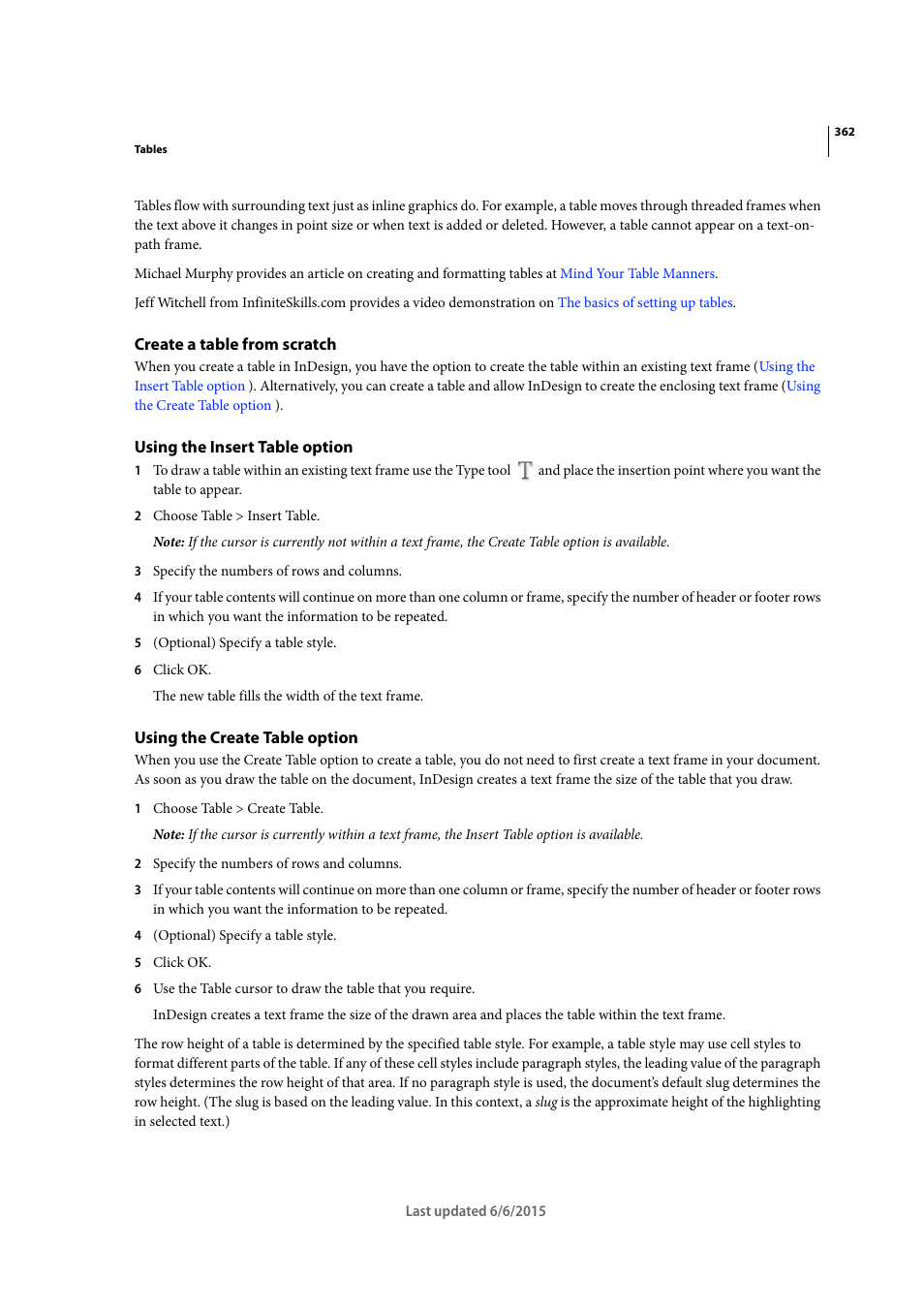 Create a table from scratch, Using the insert table option, Using the create table option | Adobe InDesign CC 2015 User Manual | Page 367 / 643