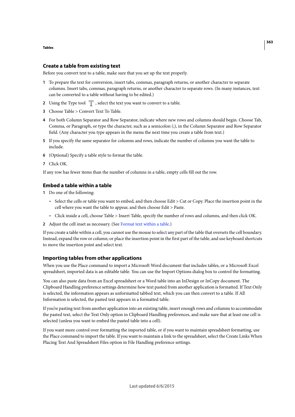 Create a table from existing text, Embed a table within a table, Importing tables from other applications | Adobe InDesign CC 2015 User Manual | Page 368 / 643