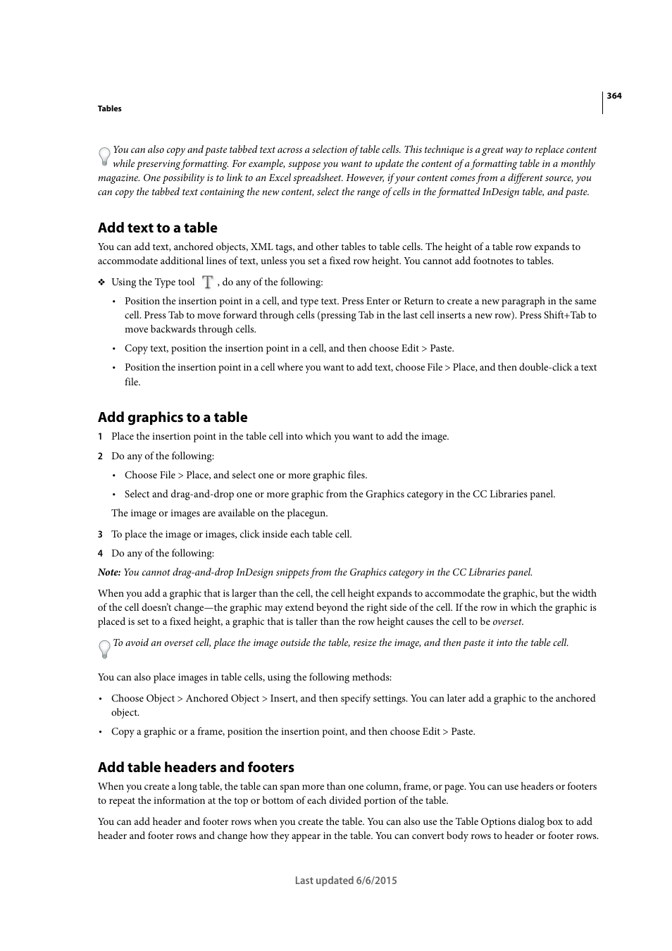 Add text to a table, Add graphics to a table, Add table headers and footers | Adobe InDesign CC 2015 User Manual | Page 369 / 643