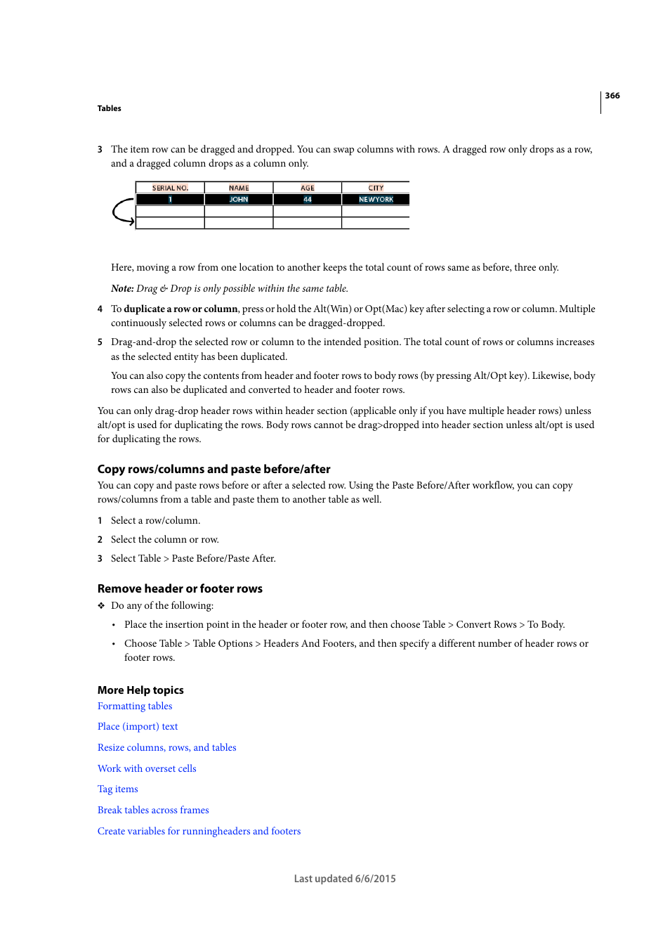 Copy rows/columns and paste before/after, Remove header or footer rows | Adobe InDesign CC 2015 User Manual | Page 371 / 643