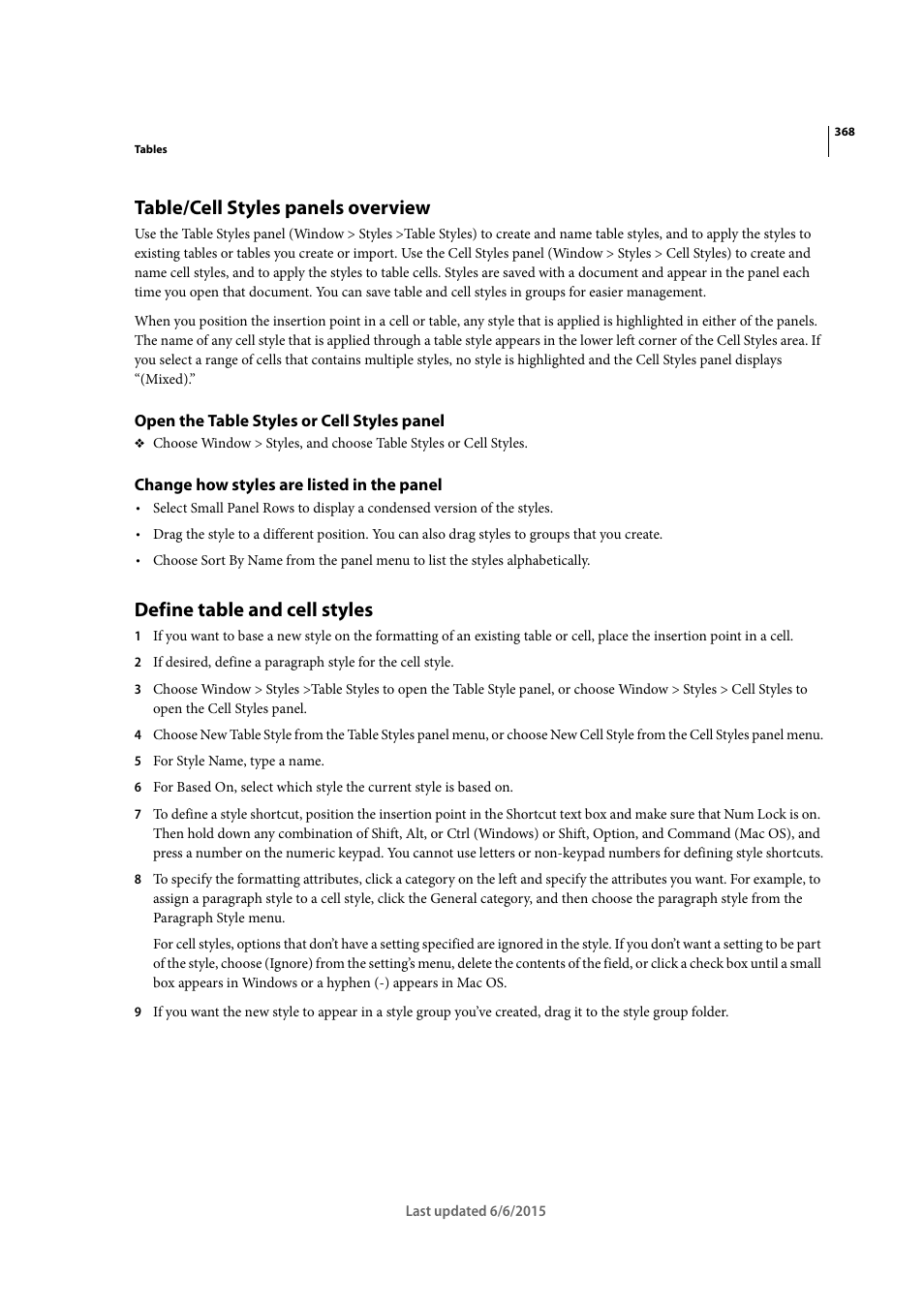 Table/cell styles panels overview, Open the table styles or cell styles panel, Change how styles are listed in the panel | Define table and cell styles | Adobe InDesign CC 2015 User Manual | Page 373 / 643