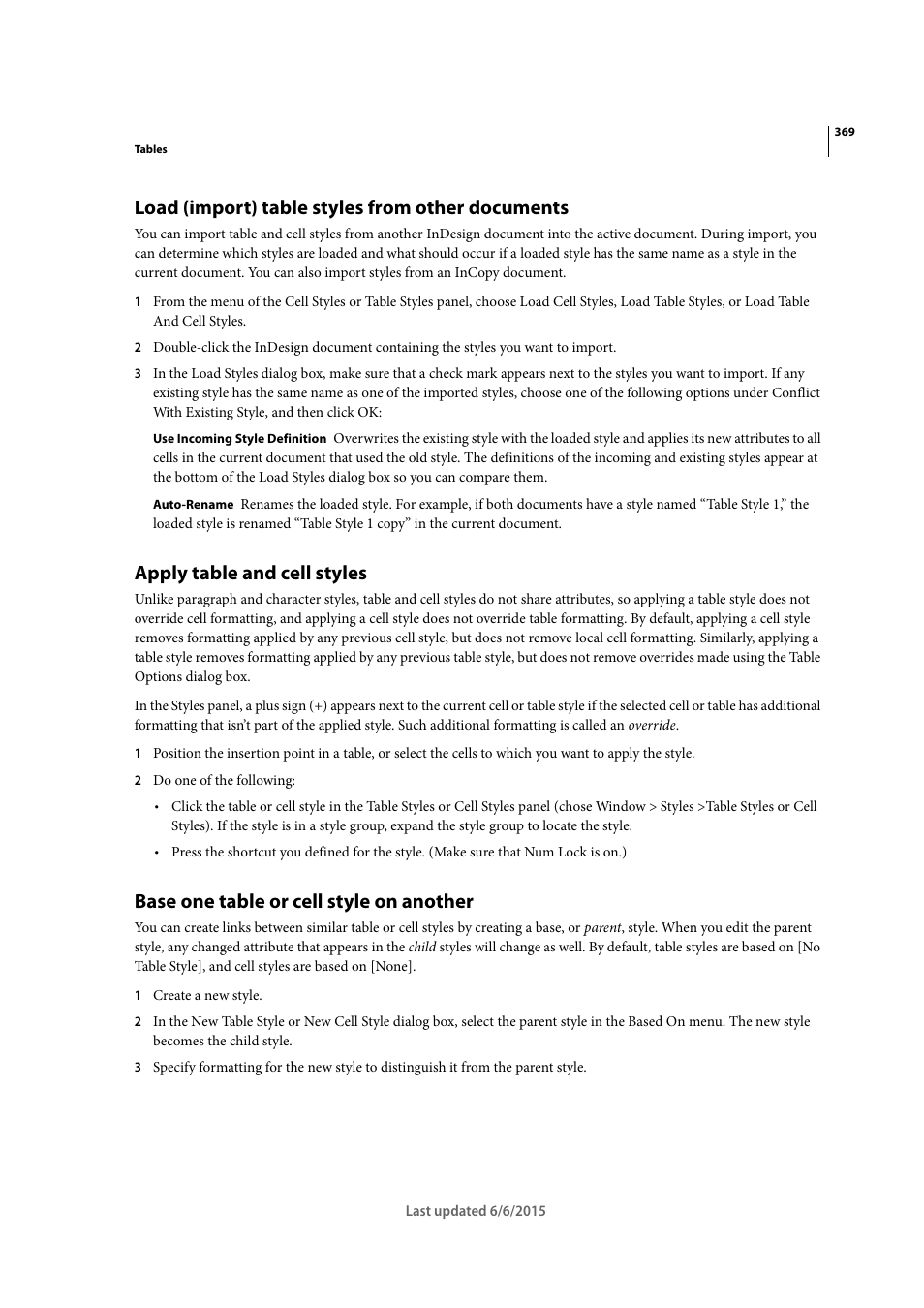 Load (import) table styles from other documents, Apply table and cell styles, Base one table or cell style on another | Adobe InDesign CC 2015 User Manual | Page 374 / 643