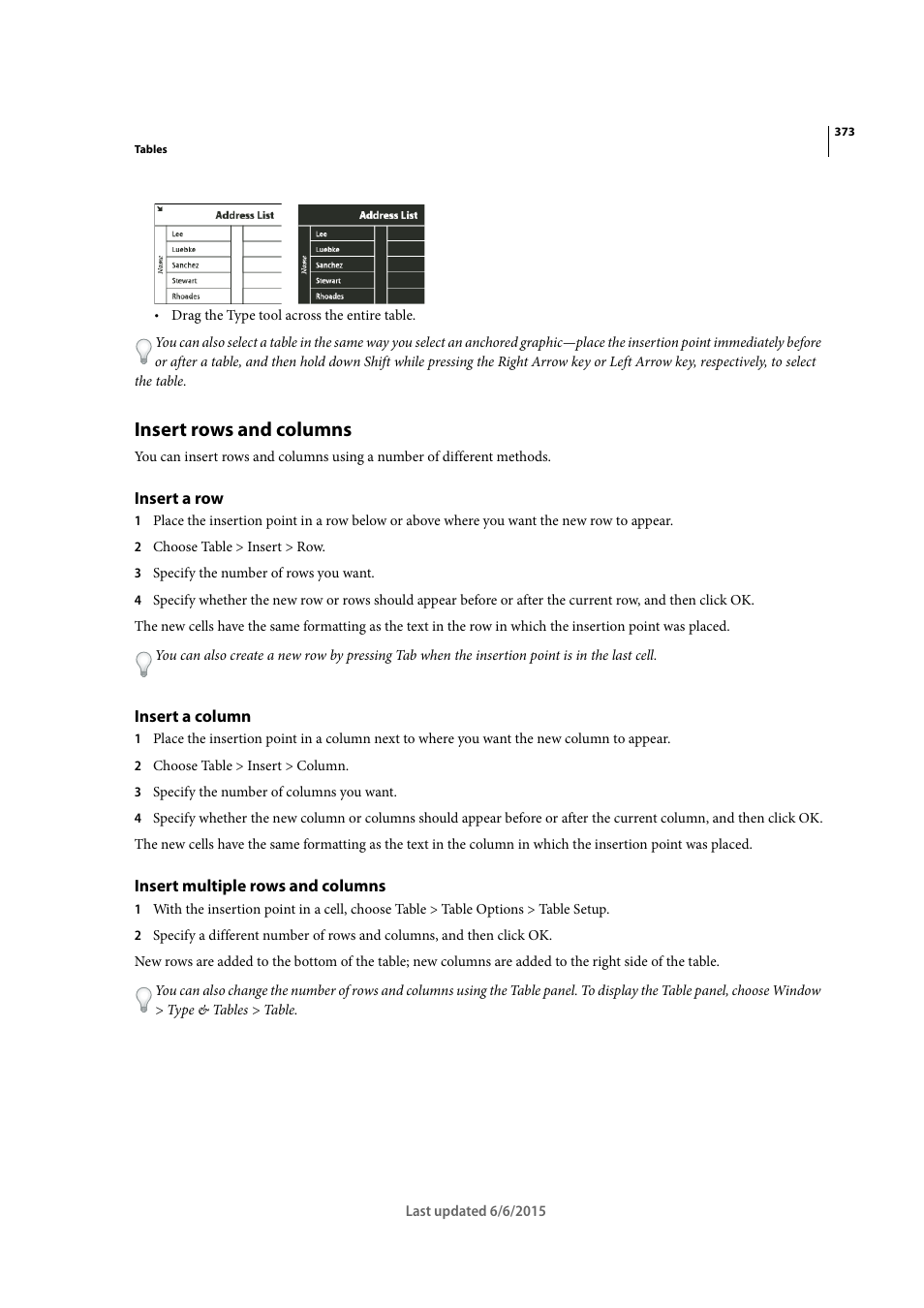 Insert rows and columns, Insert a row, Insert a column | Insert multiple rows and columns | Adobe InDesign CC 2015 User Manual | Page 378 / 643