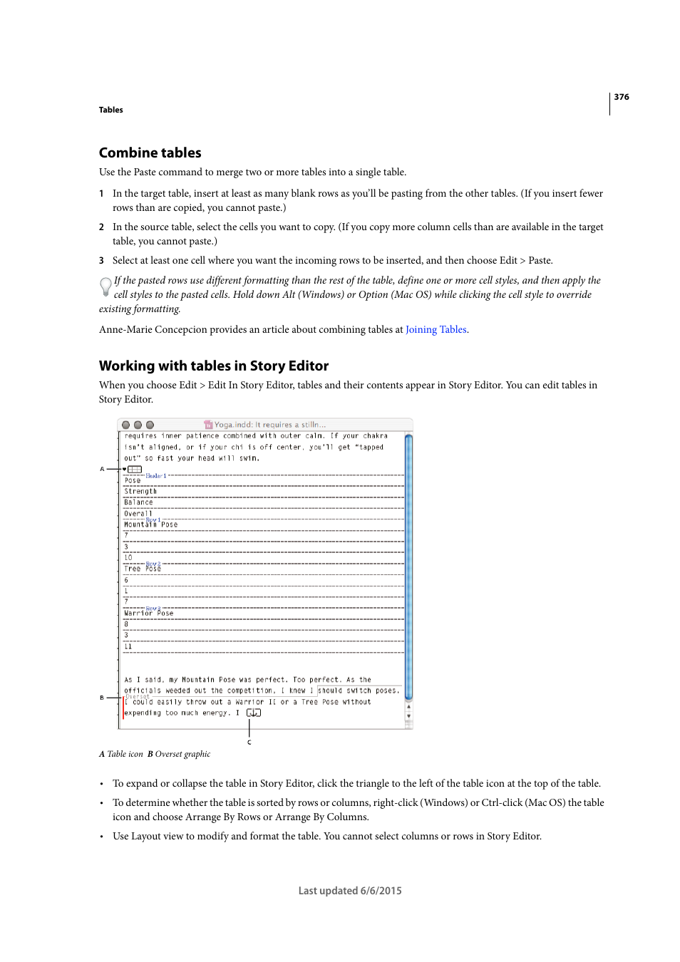 Combine tables, Working with tables in story editor | Adobe InDesign CC 2015 User Manual | Page 381 / 643