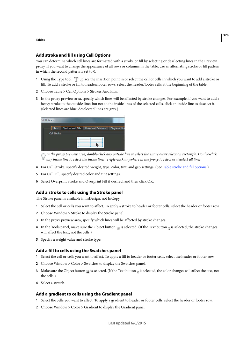 Add stroke and fill using cell options, Add a stroke to cells using the stroke panel, Add a fill to cells using the swatches panel | Add a gradient to cells using the gradient panel | Adobe InDesign CC 2015 User Manual | Page 383 / 643