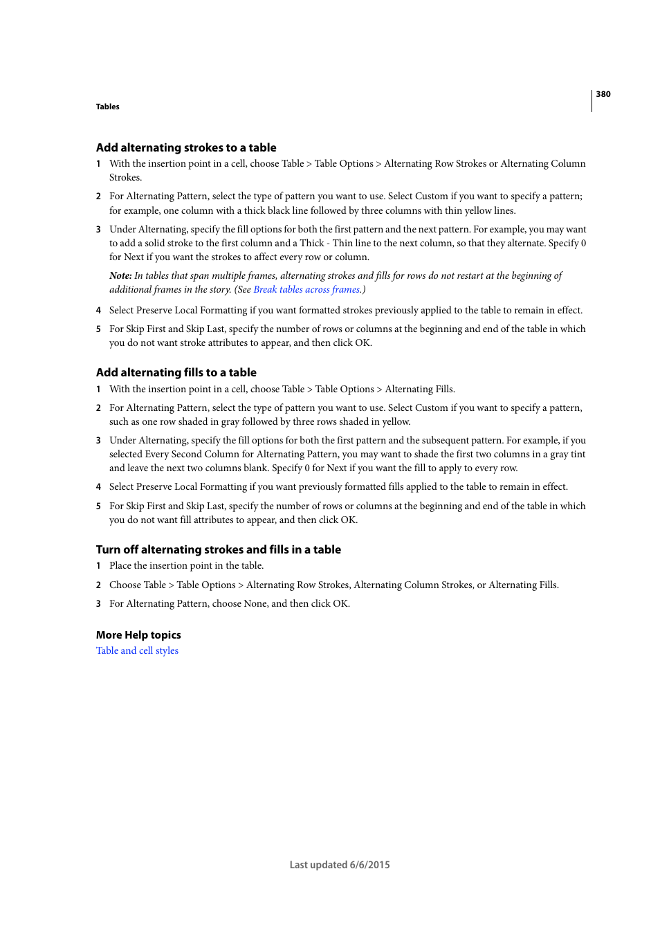 Add alternating strokes to a table, Add alternating fills to a table, Turn off alternating strokes and fills in a table | Adobe InDesign CC 2015 User Manual | Page 385 / 643